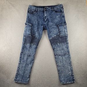 Partisan Jeans Men Blue Denim 38x32 Biker Riding Skinny Leg Streetwear Acid Wash